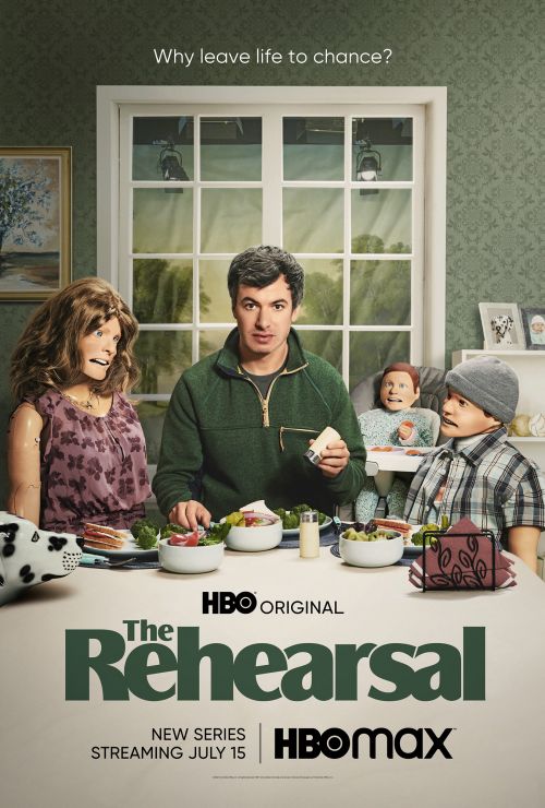 Promotional poster for HBO's 'The Rehearsal' featuring a man at a dining table with puppets, foregrounding the show's title and streaming date.