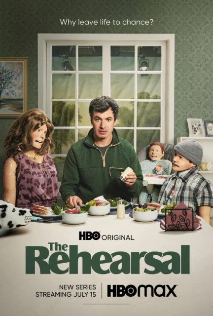 Promotional poster for HBO's 'The Rehearsal' featuring a man at a dining table with puppets, foregrounding the show's title and streaming date.