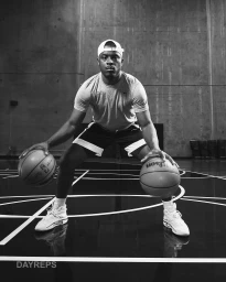 Black man wearing a t-shirt and baseball cap dribbling two basketballs on a court, photographed by Koury Angelo.