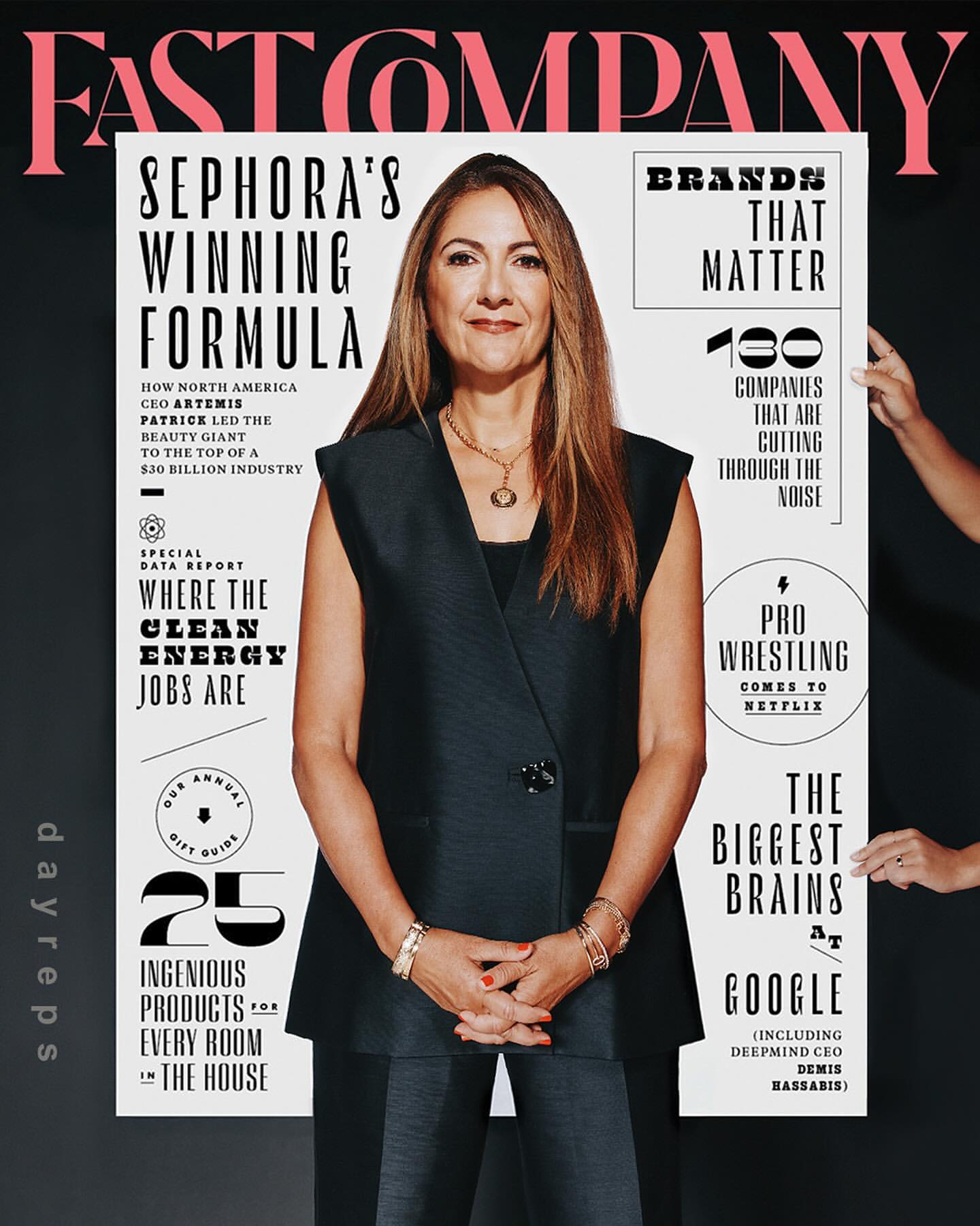 Magazine cover featuring portrait of woman in black vest, with bold text headlines including 'Sephora's Winning Formula'.