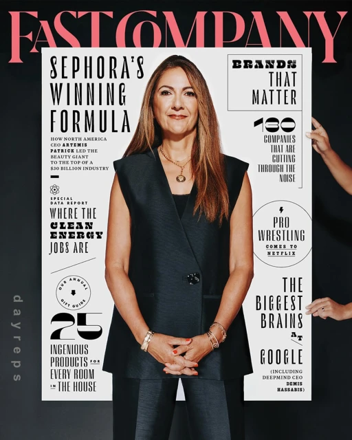 Magazine cover featuring portrait of woman in black vest, with bold text headlines including 'Sephora's Winning Formula'.