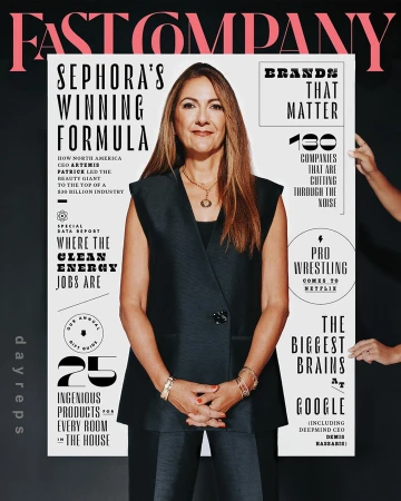 Magazine cover featuring portrait of woman in black vest, with bold text headlines including 'Sephora's Winning Formula'.