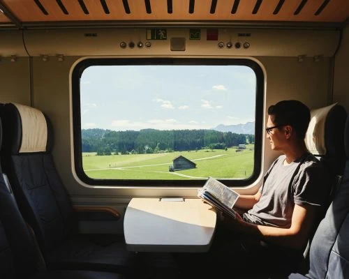 Man reading a book on a train, gazing out the window at a rural landscape with fields, forests, and mountains under a clear sky.