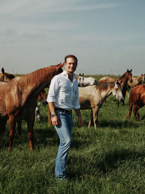 A man in a white shirt and jeans stands in a grassy field surrounded by a herd of horses under a bright, cloudy sky. 