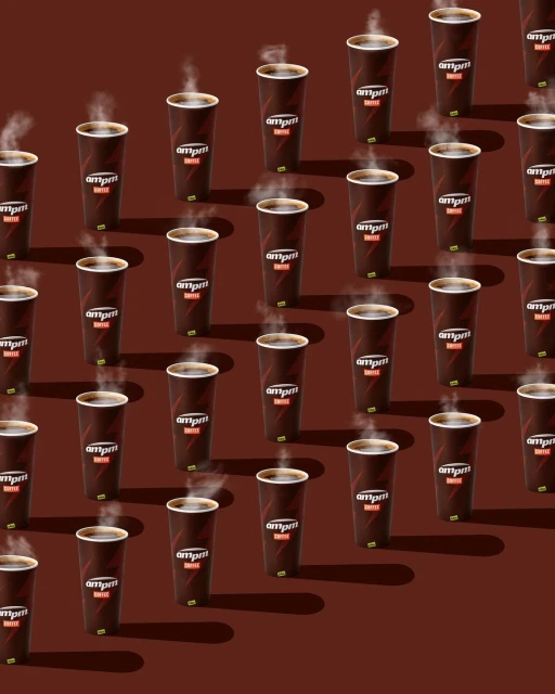 Pattern of steaming hot ampm coffee cups on a reddish-brown backdrop, arranged in rows, creating a simple yet appealing design.