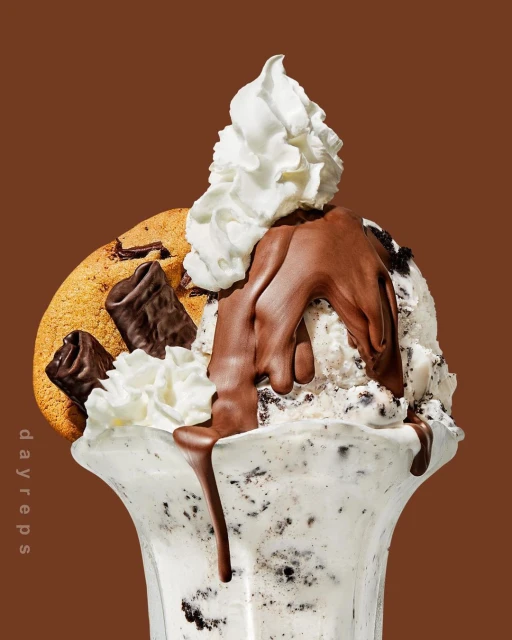 Oreo ice cream sundae in a glass with whipped cream, chocolate drizzle, cookies, and chocolate sticks on a brown background.