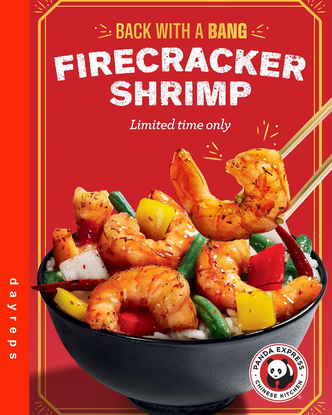 Firecracker Shrimp from Panda Express in a bowl. Spicy glazed shrimp served with vegetables and white rice.