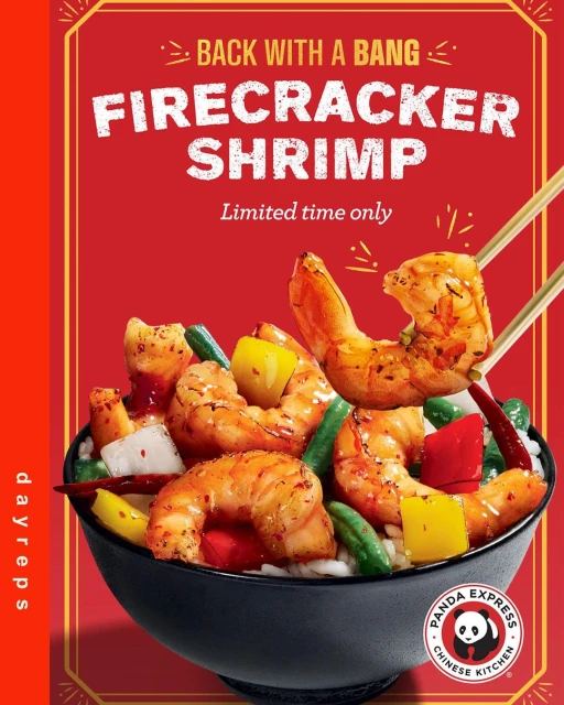 Firecracker Shrimp from Panda Express in a bowl. Spicy glazed shrimp served with vegetables and white rice.