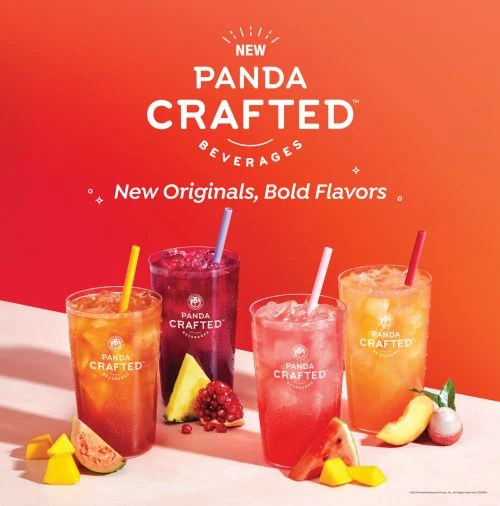 Four glasses of Panda Crafted beverages with colorful straws, accompanied by guava, pomegranate, watermelon, lychee, and mango fruits.