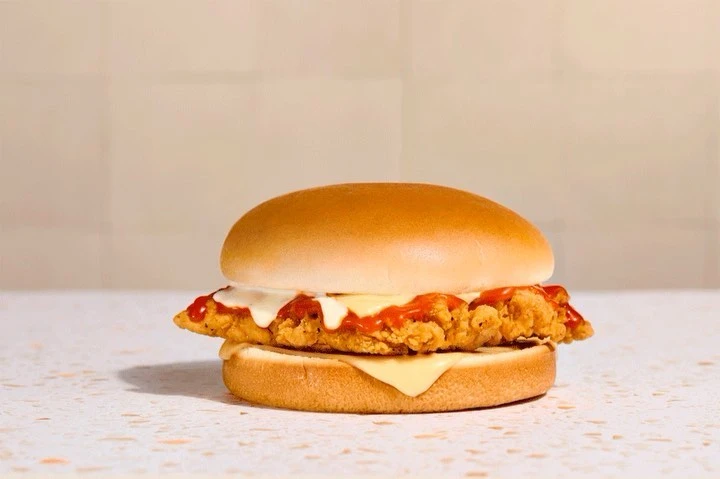 Chicken sandwich on a sesame bun with cheese, ketchup, and mayonnaise on a speckled countertop against a beige background.