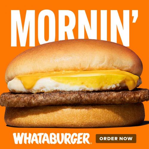 Breakfast burger featuring a sausage patty, egg, and cheese on a bun, showcased against an orange backdrop with bold, white text.