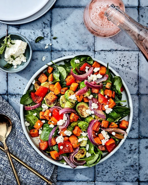 Overhead shot of a vibrant salad with roasted vegetables, feta cheese, and red onion rings on a blue tile surface, pouring a drink.