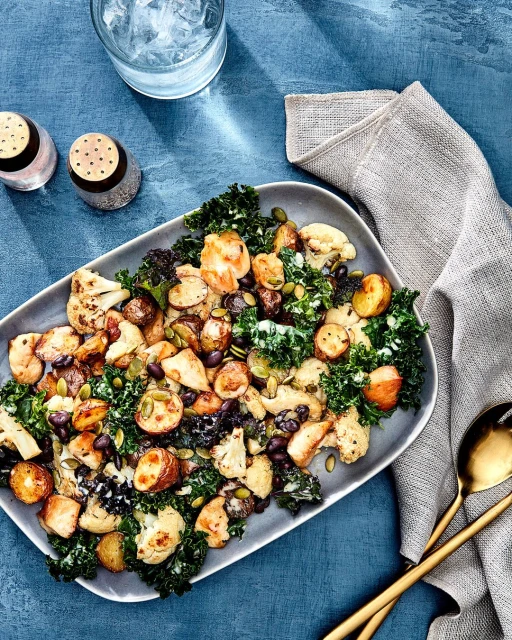 Overhead shot of roasted vegetables including potatoes, cauliflower, and kale served on a grey platter with golden serving utensils.