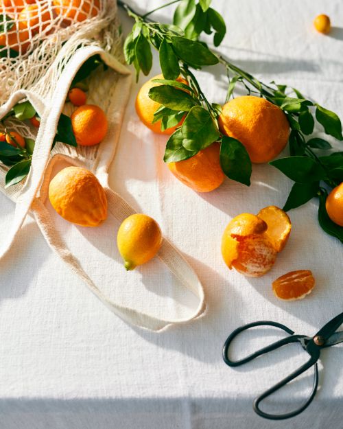 Overhead shot of fresh tangerines, citrus fruit, and green leaves spilling from a mesh bag onto a white linen surface with black scissors.