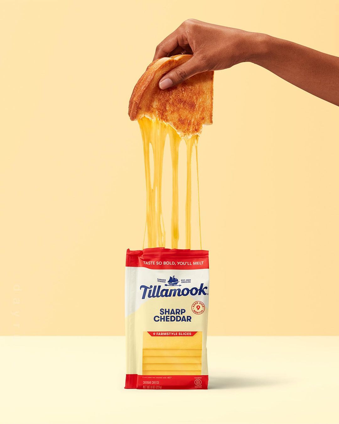 Hand holding grilled cheese sandwich with melting cheddar cheese, set against a yellow background with cheese slice packaging.