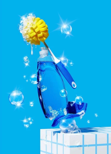 Still life shot of a blue bottle of cleaning liquid with a scrub brush and cleaning cloth surrounded by floating bubbles against a blue background.