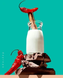 A milk bottle on stacked dark chocolate chunks, topped with a red chili and cinnamon stick against a turquoise background.