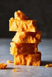 Close-up stack of sharp orange cheddar cheese blocks on a grey stone surface with scattered crumbs.
