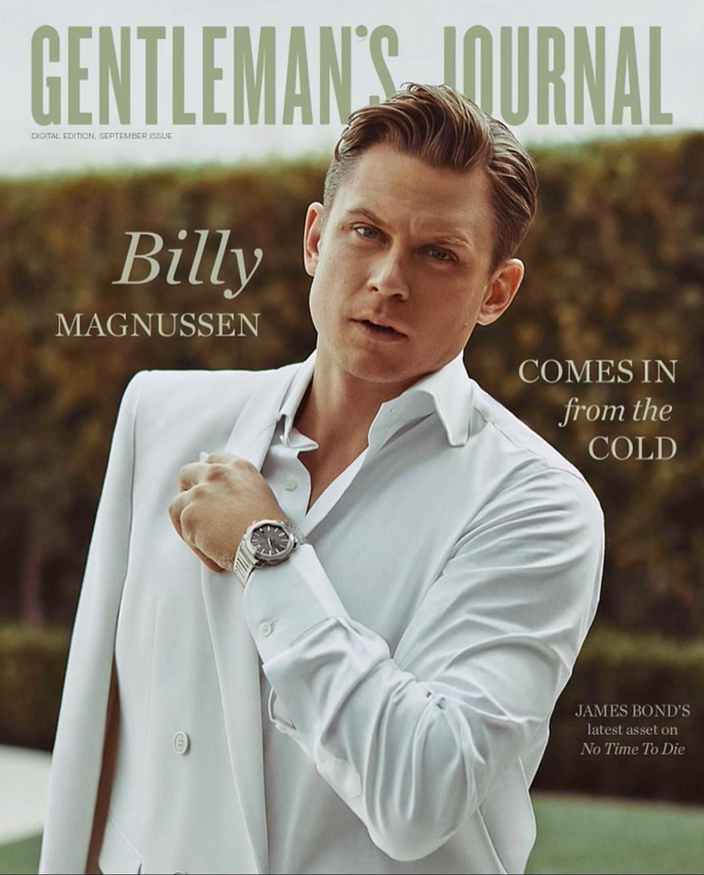 Gentleman's Journal cover featuring Billy Magnussen in white suit jacket and shirt, outdoors against a green foliage background.
