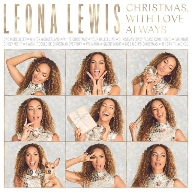 Collage of singer Leona Lewis from her album 'Christmas, With Love Always,' showcasing her in various poses and expressions. Holiday theme.