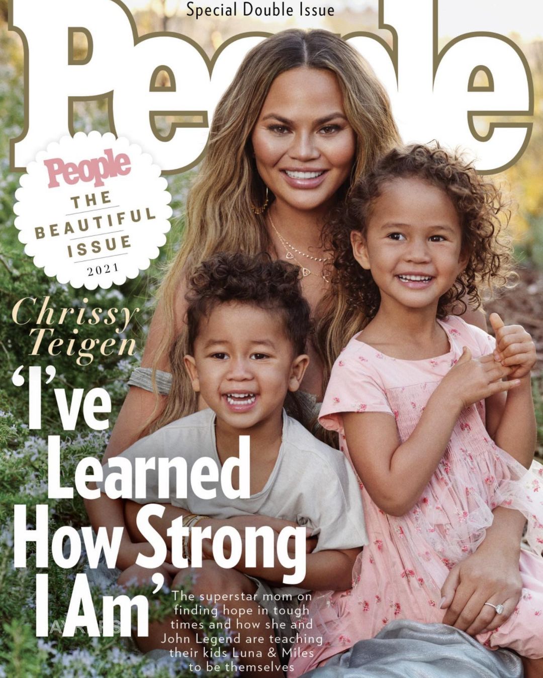 People Magazine cover featuring Chrissy Teigen with her children, Luna and Miles. The cover promotes the 'Beautiful Issue' of 2021.
