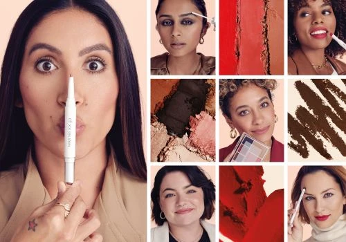 Diverse group of women demonstrating beauty products, including eyebrow pencils, eyeshadow, and lipstick, in a grid-like beauty layout.