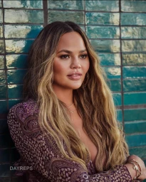 Chrissy Teigen wearing a patterned purple dress against a teal tiled wall, photographed by Mike Rosenthal in Los Angeles.