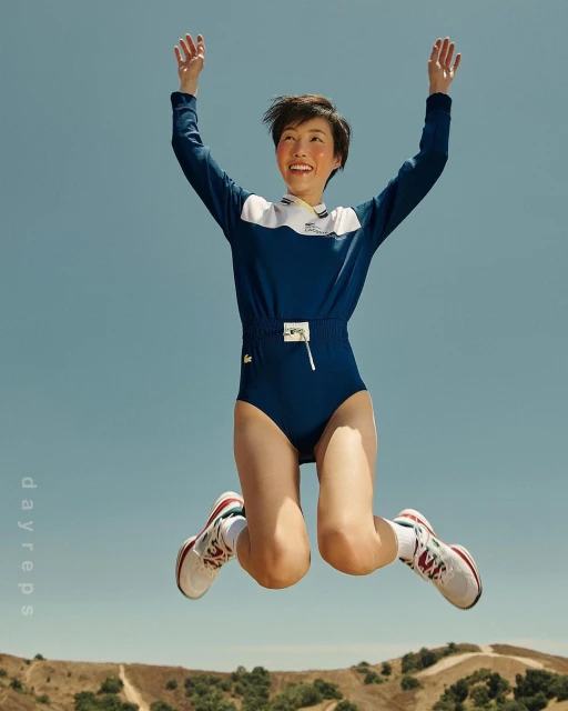 Asian woman in a blue Lacoste bodysuit jumps outdoors against a clear sky. She wears white sneakers. A distant ridge is visible below.