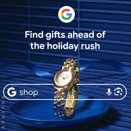 Elegant gold Coach wristwatch on a blue surface with a Google search bar overlay promoting holiday gift shopping.