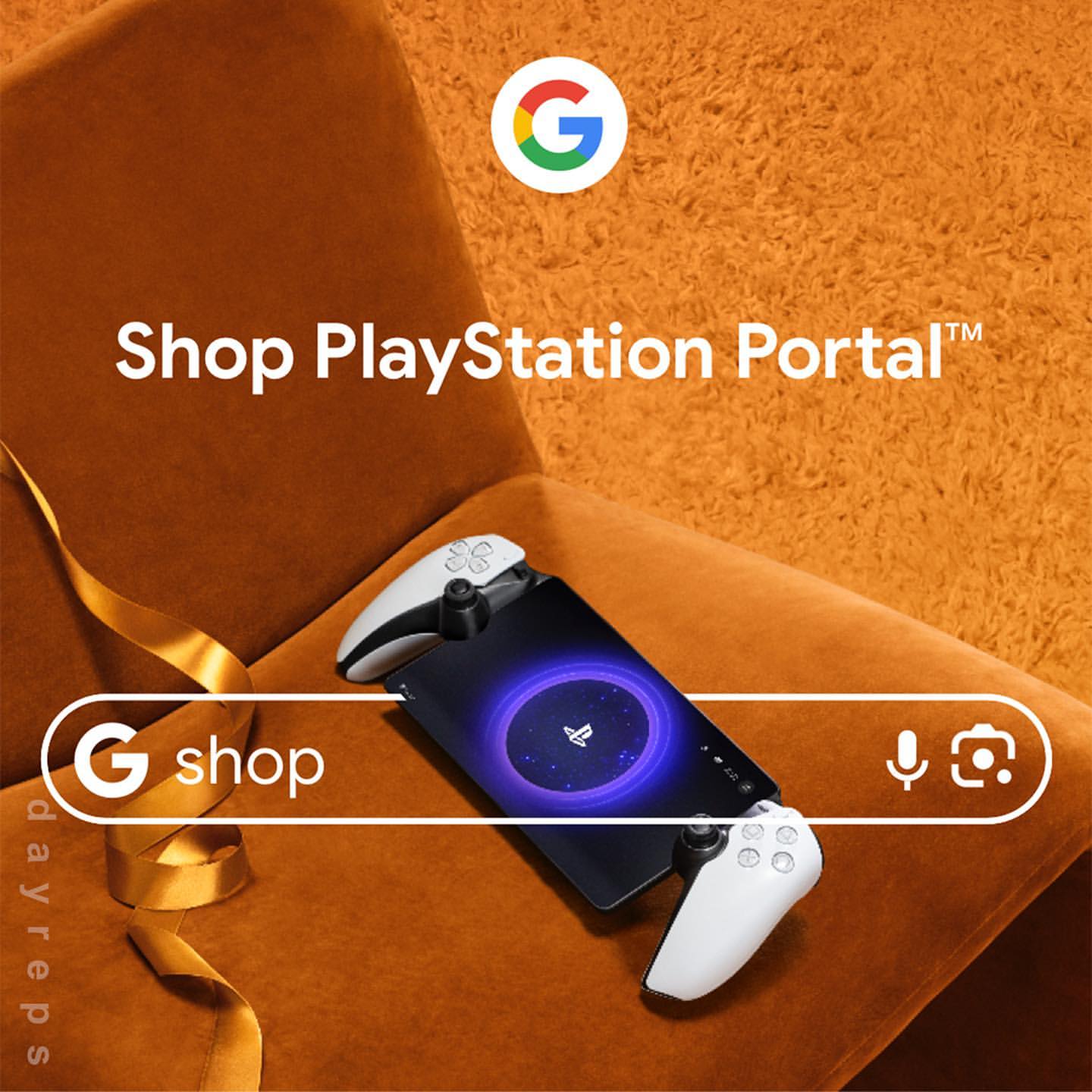 PlayStation Portal handheld console displayed on an orange armchair, highlighting its sleek design and gaming capability.