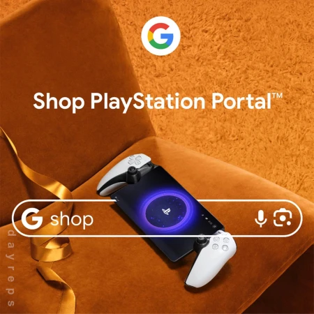 PlayStation Portal handheld console displayed on an orange armchair, highlighting its sleek design and gaming capability.