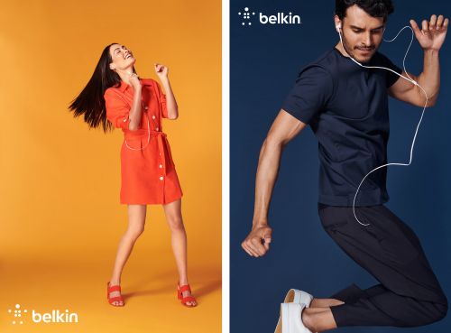 Split-screen studio shot: A woman in a red dress dances against an orange backdrop; a man in a navy shirt jumps against a blue backdrop.