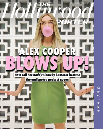 Alex Cooper, podcast queen, is on the cover of The Hollywood Reporter, blowing a pink bubble with a patterned wall background.