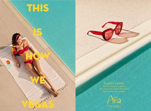 Woman in red bikini lounges by pool with cocktail; red sunglasses on poolside; Aria Resort & Casino Las Vegas ad. Summery and vibrant.