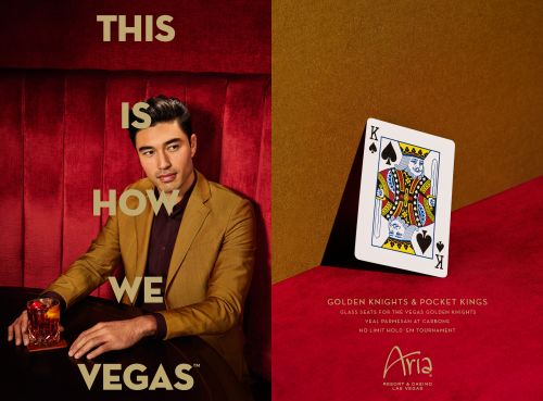 Man in golden suit sits with cocktail, card of the King of Spades visible, promoting Vegas Golden Knights glass seats and Aria casino events.