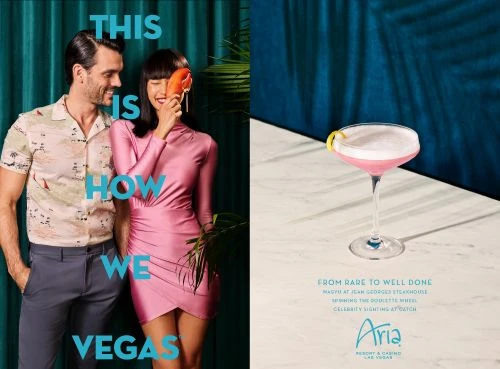 Promotional image for Aria Resort & Casino in Las Vegas featuring a stylish couple and a pink cocktail against a teal and white backdrop.