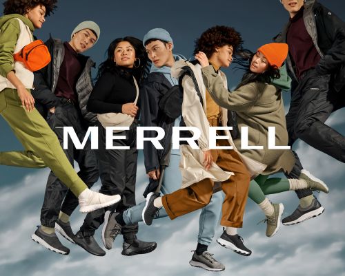 Group of diverse young adult models in athletic wear pose in a promotional shot for Merrell shoes and apparel against a gradient blue background.