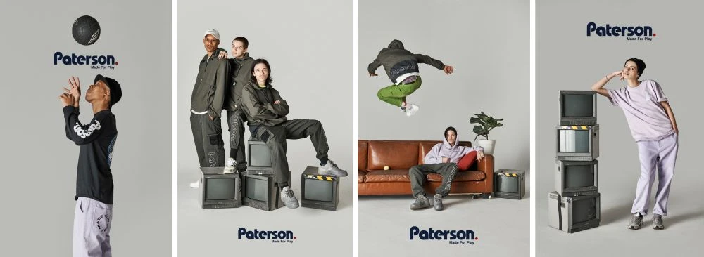 Multi-panel fashion shoot showcasing the 'Paterson' brand, with diverse models posing, stacked TV sets, and playful, dynamic studio setting.