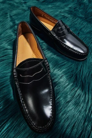 Two shiny black leather penny loafers are displayed on a soft green textured surface, offering a luxurious and classic footwear choice.