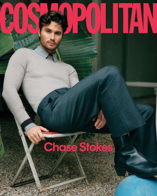 Chase Stokes poses seated for a Cosmopolitan cover with plants visible behind and large magazine text above.