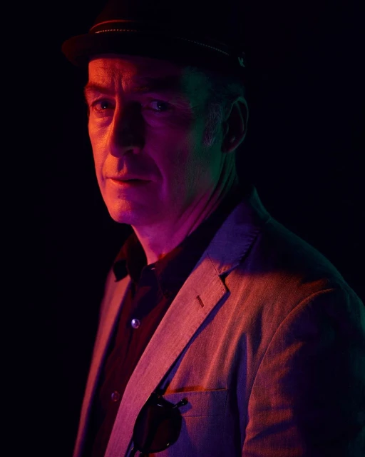Portrait of a mature adult male wearing a hat and blazer in a dimly lit studio setting with colored lighting, striking a confident pose.