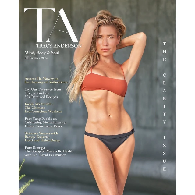Magazine cover featuring Tracy Anderson in athletic wear against a muted background, promoting mind, body, and soul in the fall/winter 2023 issue.
