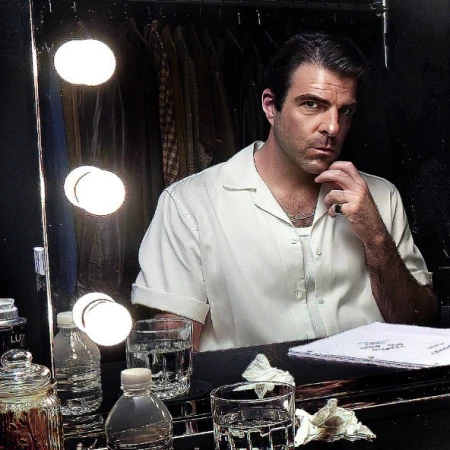 Portrait of an adult male with dark hair and a white shirt, seated at a table with a script and glasses of water in a dressing room.
