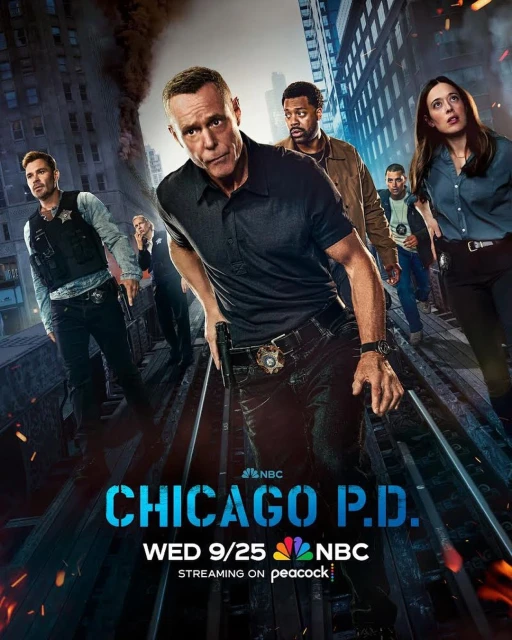 Promotional image for Chicago P.D. featuring cast members against an urban backdrop with smoke and fire elements.