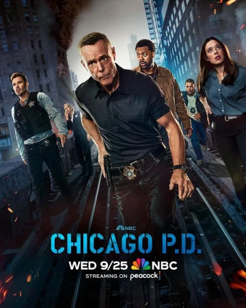 Promotional image for Chicago P.D. featuring cast members against an urban backdrop with smoke and fire elements.