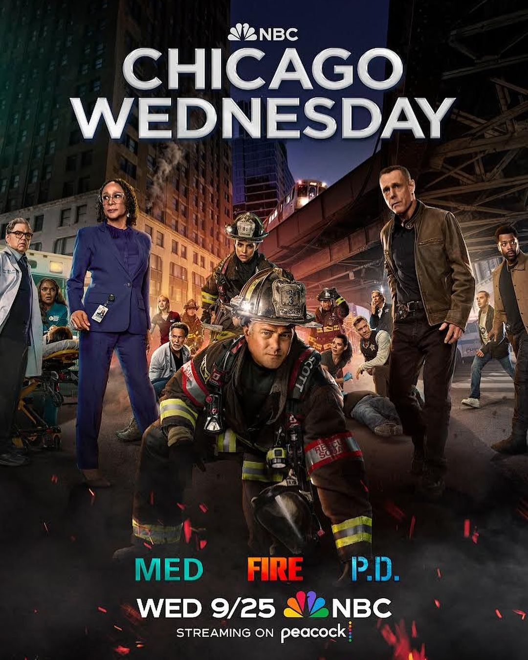 Promotional poster for Chicago Wednesday featuring firefighters, police, and medical personnel in a city setting against a nighttime sky.