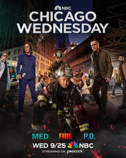 Promotional poster for Chicago Wednesday featuring firefighters, police, and medical personnel in a city setting against a nighttime sky.