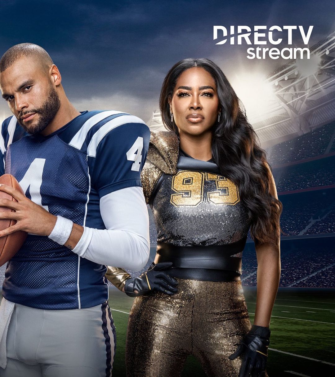 Dak Prescott and Kenya Moore pose together in a promotional image for DIRECTV stream, set against the backdrop of a stadium.