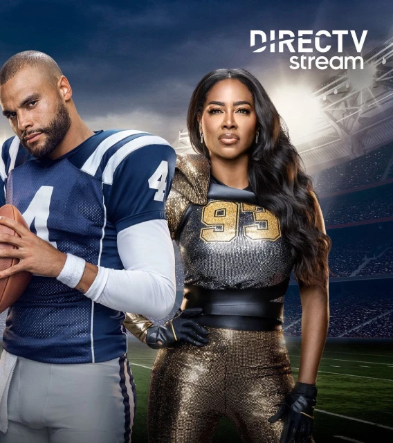 Dak Prescott and Kenya Moore pose together in a promotional image for DIRECTV stream, set against the backdrop of a stadium.