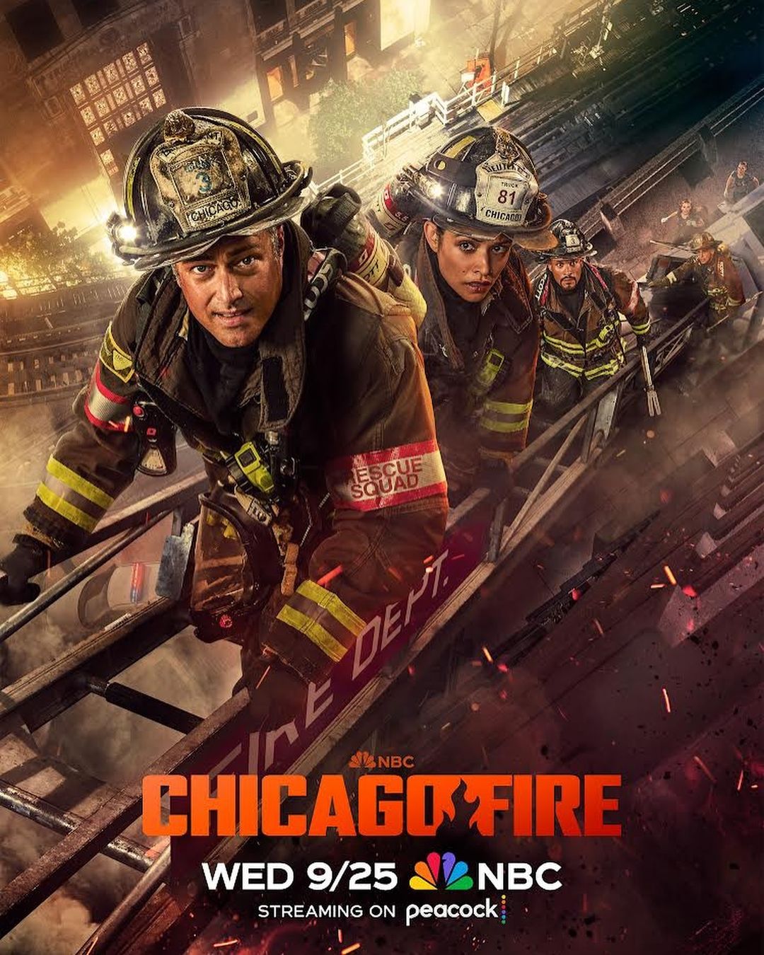 Poster for 'Chicago Fire' TV show featuring firefighters in gear climbing a ladder with city buildings in the background.